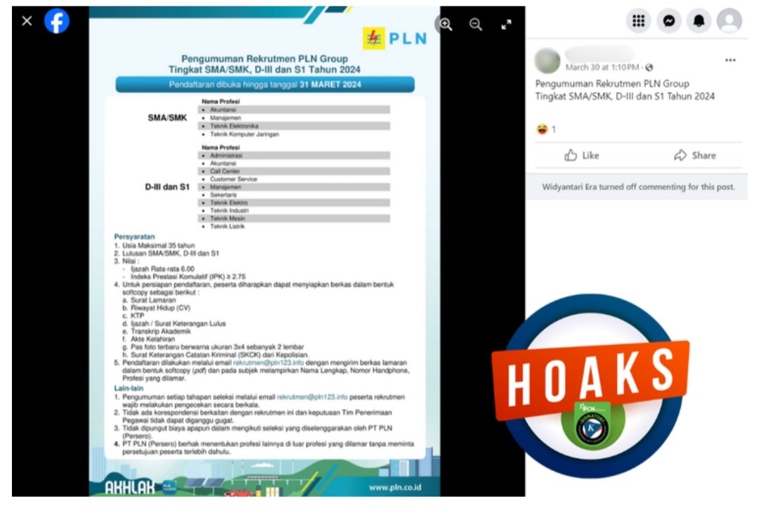 [HOAKS] Pengumuman Rekrutmen PLN pada 31 Maret 2024