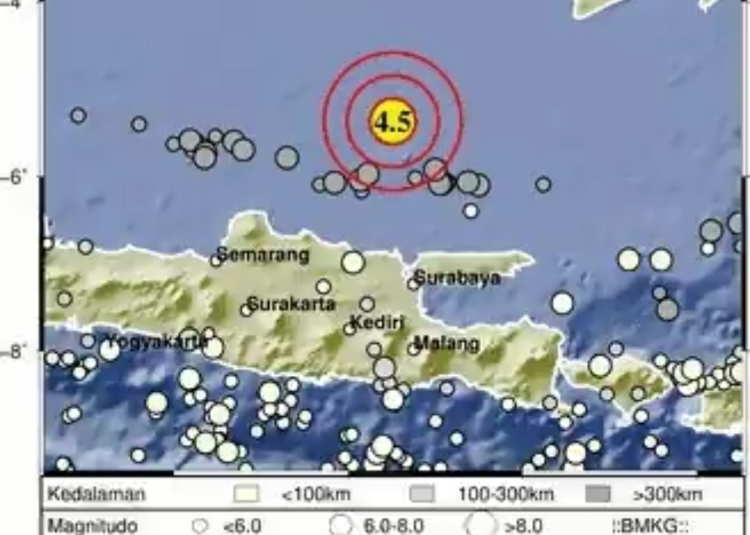Lagi, BMKG Catat Gempa M4.5 Guncang Laut Tuban
